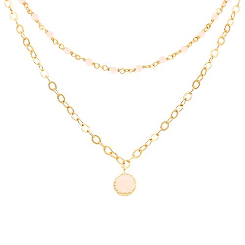 Collier Argent Doré Double Chaine Pampille Et Pierres Opale Rose