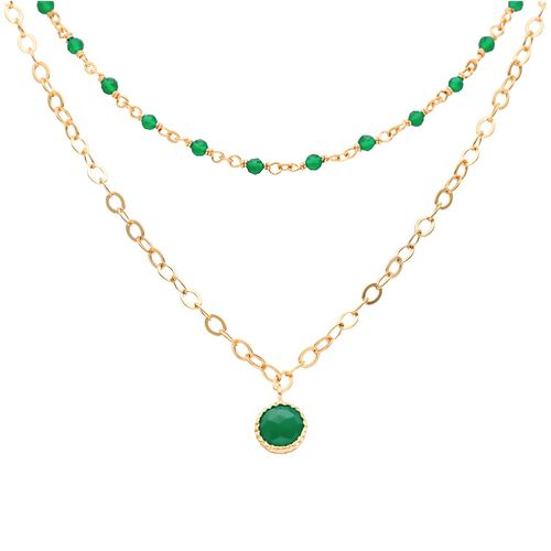 Collier Argent Doré Double Chaine Pampille Et Pierres Onyx Vert