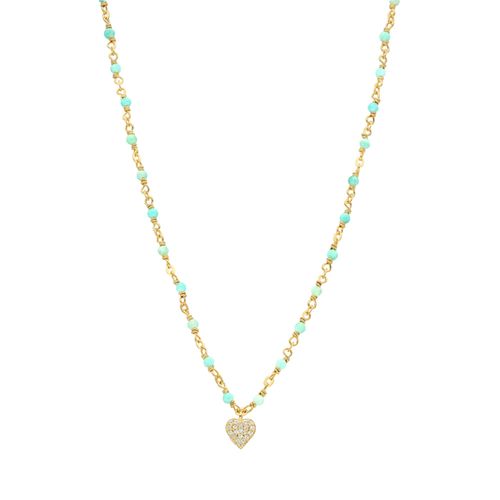 Collier Argent Doré C?ur Serti Blanc Pierres Amazonite