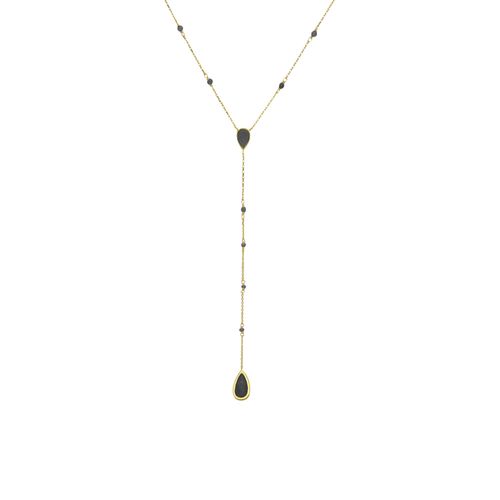 Collier Argent Doré Cravate Pierres Spinelle Noire