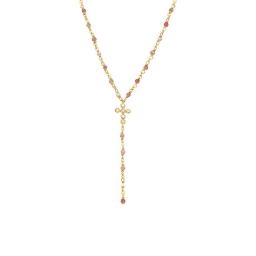 Collier Argent Doré Cravate Croix Et Pierres Quartz Rose Fraise