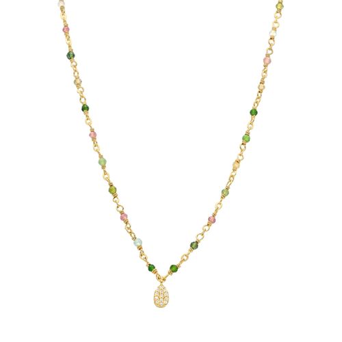 Collier Argent Doré Goutte Serti Blanc Pierres Multi-Tourmaline