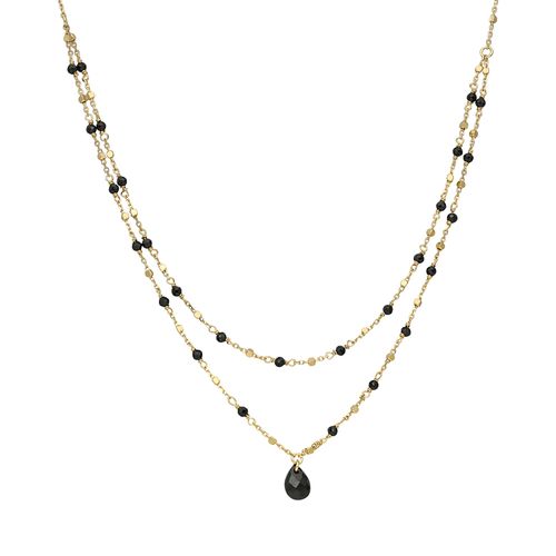 Collier Argent Doré Double Chaine Goutte Pierres Naturelles Spinelle Noir