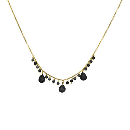 Collier Argent Doré Pierre Pampille Spinelle Noire