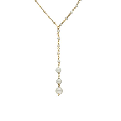 Collier Argent Doré Cravate Cascade De Perle Naturelle Blanche