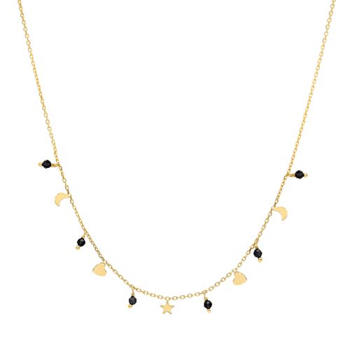 Collier Argent Doré Pampilles De Forme Lune Coeur Et Pierre Spinelle Noir