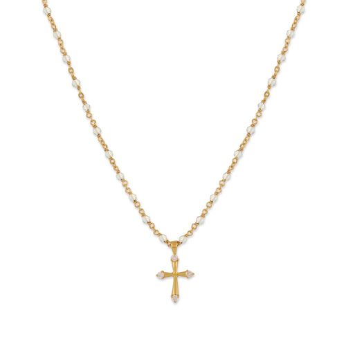 Collier Argent Doré Croix Et Pierres Naturelles Blanche