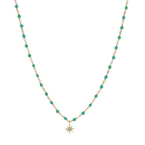 Collier Argent Doré Étoile En Zirconium Blanc Et Perles Naturelles Onyx Vert