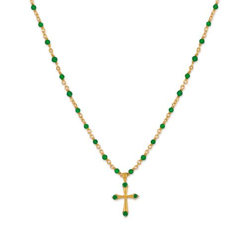Collier Argent Doré Croix Et Pierres Naturelles Onyx Vert