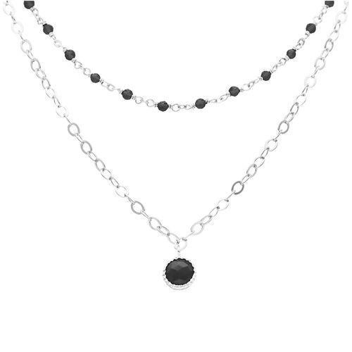Collier Argent Rhodié Double Chaine Et Pierres Naturelles Noire