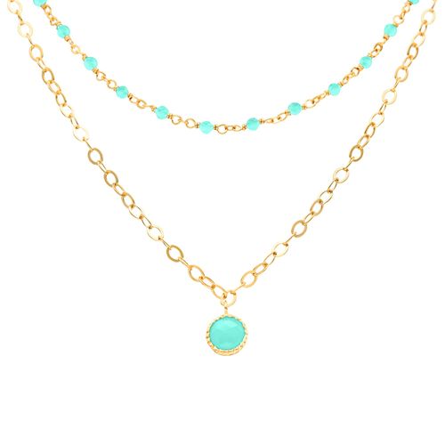 Collier Argent Doré Double Chaine Pampille Et Pierres Amazonite