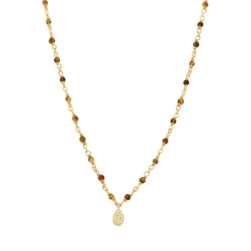 Collier Argent Doré Goutte Diamanté Pierres Naturelles ?il De Tigre
