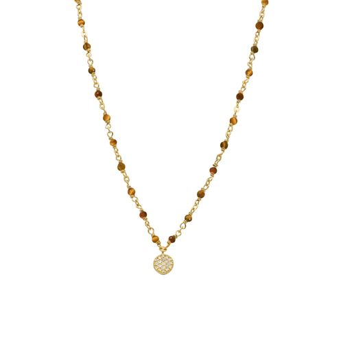Collier Argent Doré Médaillon Serti Blanc Et Pierres ?il De Tigre
