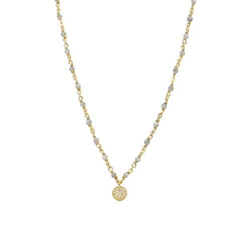 Collier Argent Doré Médaillon Serti Blanc Et Pierres Labradorite