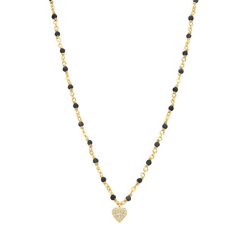 Collier Argent Doré C?ur Diamanté Et Pierres Spinelle Noire