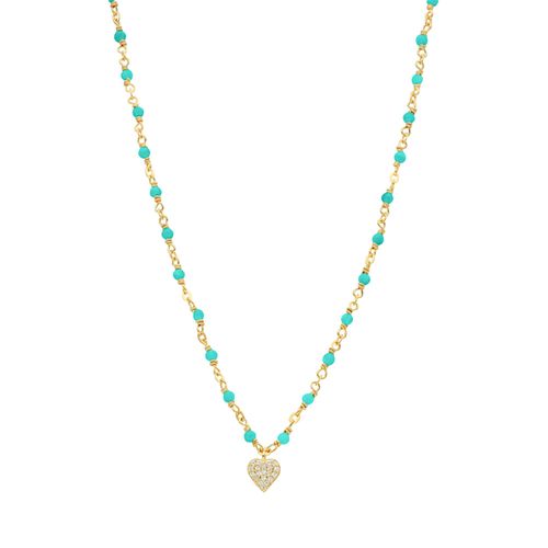 Collier Argent Doré C?ur Serti Blanc Et Pierres Turquoise