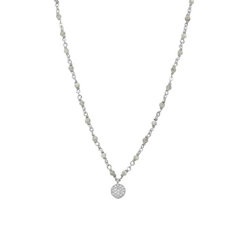 Collier Argent Rhodié Médaillon Serti Blanc Et Pierres Labradorite