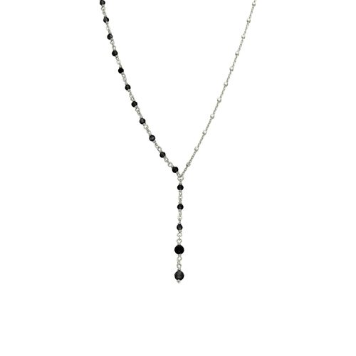 Collier Argent Rhodié Cascade Cravate Pierre Spinelle Noire