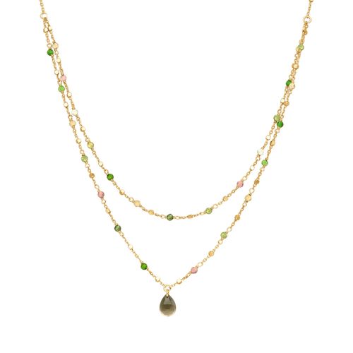 Collier Argent Doré Double Chaine Goutte Pierres Naturelles Tourmaline