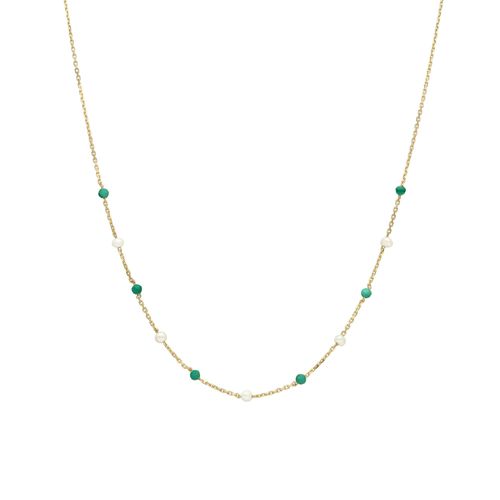 Collier En Argent Doré Pierre Naturelle Onyx Vert Et Perles Naturelles Blanche