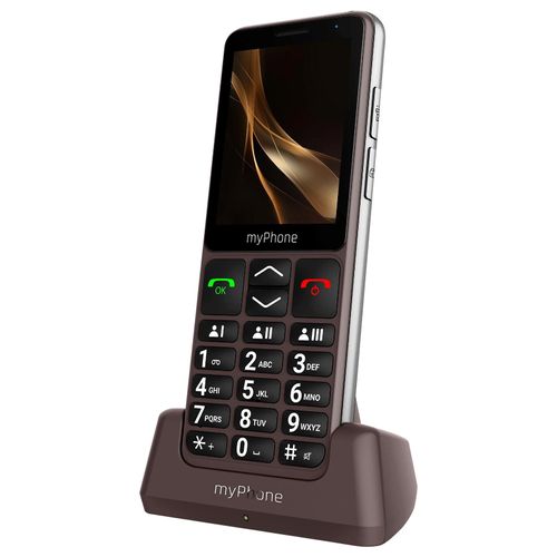 Téléphone Senior touches mémoires Autonomie 18 jours socle de charge myPhone Marron