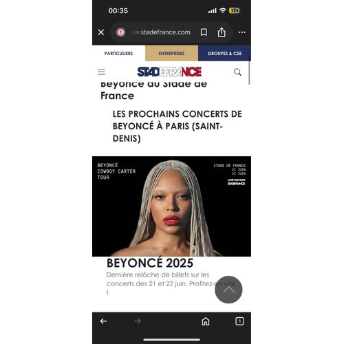 2 Tickets Pour Concert De Beyonce Au Sdf