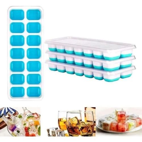 Lot De 4 Bacs À Glaçons Base Souple En Silicone 14 Blocs Glaçons Avec Couvercles Pour Whisky, Cocktails, Boissons, Jus - Bleu