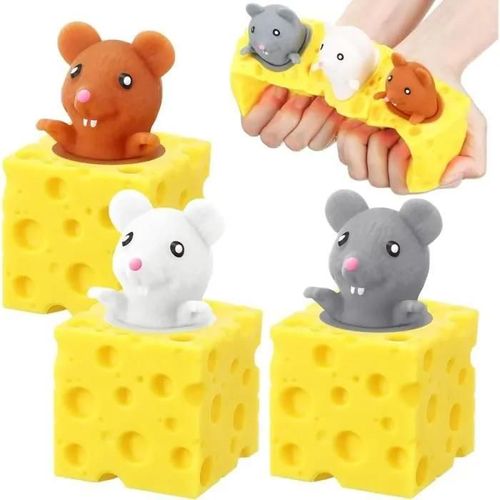 Jouet Anti Stress - Tasse de Souris au Fromage - 3 Pièces - Blanc, Marron, Gris - Enfant - Matériau TPR