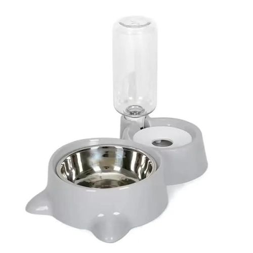 Gamelle Pour Chat 2-En-1 - Gris - Distributeur D¿Eau Automatique 500ml - Bol À Nourritures - Plastique Durable