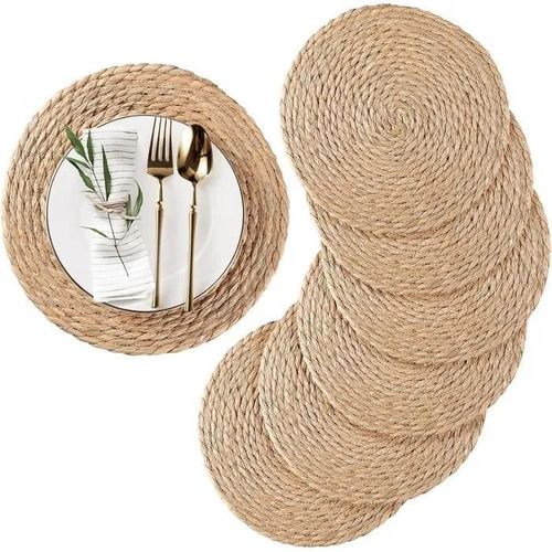 Lot De 6 Sets Table Rotin Tissé 30 Cm - Dessous Verre Résistants Chaleur Style Bohème/Campagne - Déco Maison Naturelle