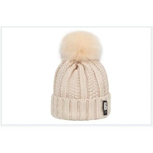 Bonnet En Tricot Doublé Polaire Peluche Doux Pour Femme - Beige - Torsades Et Gros Pompom Fausse Fourrure