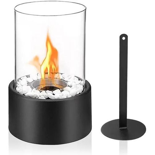 XMTECH Cheminée de table bioéthanol, Cheminée Portable à table avec pierres décoratives et extincteur, 16cm x H 27cm, Noir