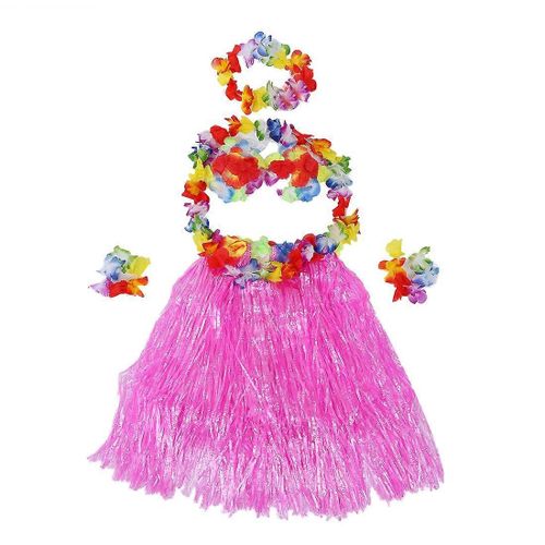 1 Ensemble Hawaiian Grass Skirt Fleur Hula Lei Wristband Guirlande Déguisement Costume - Rose