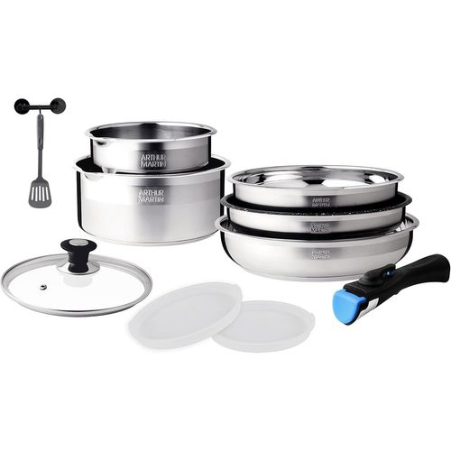 Kyaoayo-Am0025 Batterie De Cuisine Amovible 10 Pièces Acier Inoxydable Casserole Avec Bec Verseur Poignée Amovible Tous Feux Dont Induction