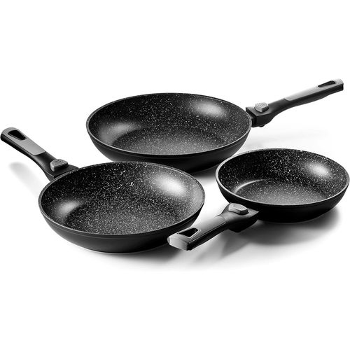 Kyaoayo-Lot De 3 Poêles - Manches Amovibles - Intérieur Anti-Adhérent Façon Pierre - 20/24/28 Cm - Aluminium Forgé - Tous Feux Y Compris Induction, Noir