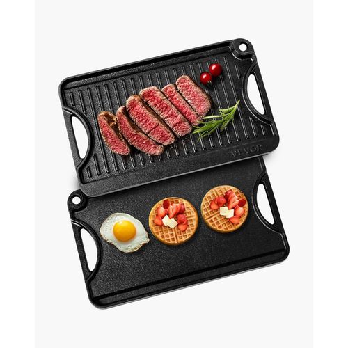 KYAOAYO-Plaque De Cuisson Réversible En Fonte, 185X342 Mm, Plaque-Gril Pré-Assaisonnée Portable Avec Poignée, Poêle À Griller Pour Brûleur De Cuisinière Intérieur/Extérieur, Gaz, Barbecue Camping, No