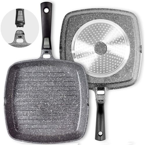 Kyaoayo-Poêle Grill Induction 28 Cm | Poele Antiadhésive Avec Revêtement Granit Ilag Granistone 100% Sans Pfoa | Poele Gril Avec Manche Amovible | Poignée Détachable | Fonte D'aluminium | Tous Feus
