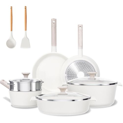 Kyaoayo-Set De Poêles Et Casseroles En Céramique Antiadhésives 16-Pièces, Non Toxiques, Pour Induction, Sans Pfos Et Pfoa, Beige