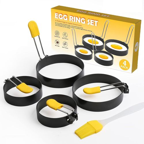 Kyaoayo-Anneaux D'oeuf Antiadhésifs Anneaux D'oeufs Au Plat, 2 Ustensiles Inox De Cuisine Avec Et Couvercle En Silicone Anti-Brûlure, Pour ?ufs Au Plat, Sandwichs, Pain De Viande, Noir