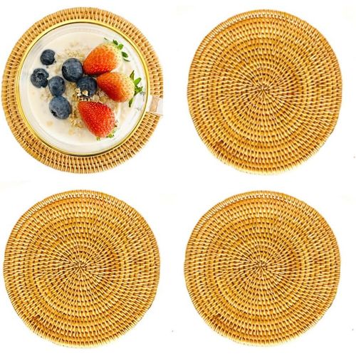 KYAOAYO-Set De Table Rond Tressé, 4 Pièces Dessous De Plateaux En Rotin Pour Plaques C s Isolées, Support De Pot Pour Table, Antidérapant, Tapis Résistants À Chaleur Pour Cuisine, 18Cm