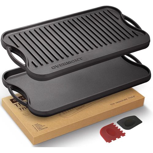 KYAOAYO-Poêle Grill Réversible En Fonte Pré-Enduite Avec Poignées Pour Cuisinière À Gaz, Four À Feu Ouvert, 43,18 X 24,89 Cm ¿ Un Plateau, Grattoirs Inclus