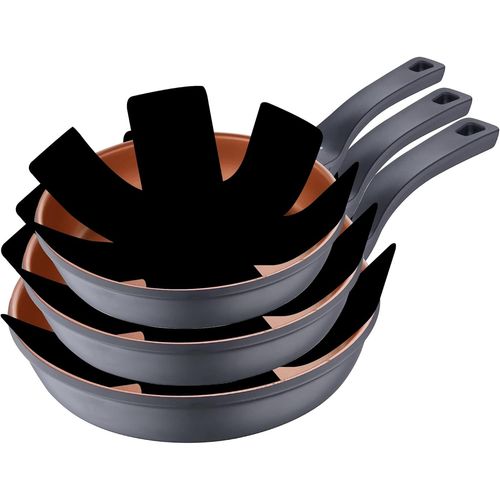 KYAOAYO-Bronze | Ensemble De Poêles | Set De 3 Poêles De 20, 24 Et 28 Cm De Diamètre Et 3 Protections | Poêles En Fonte D'Aluminium | Poêles Antiadhésives | Convient À Tous Types De Cuisinières