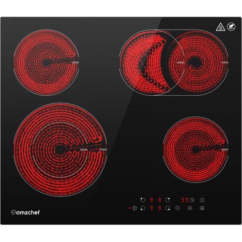 KYAOAYO-Plaque Vitrocéramique 4 Feux 6600W,Table De Cuisson Électrique 60Cm,Électrique Encastrable Avec 9 Niveaux De Puissance,Zone De Grillage,Verrouillage De Sécurité,Minuterie,Noir