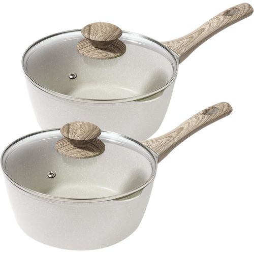 Kyaoayo-Lot De 2 Casseroles À Lait Antiadhésives Avec Couvercle, Adaptées Aux Plaques À Induction, À Gaz Et Électriques, Avec Bec Verseur, Beige, 16 Et 18 Cm