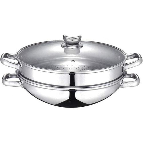 Kyaoayo-Wok & Wok Vapeur 2-En-1 - Acier Inoxydable - Tous Feux Dont Induction - Couvercle En Verre Avec Bords Inox Et Trou Vapeur - Avec Légumier Et Panier - Poignées En Métal - Ø32cm