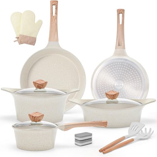 Kyaoayo-Induction Batterie De Cuisine, Antiadhésive Granit Sets De Poêles Et Casseroles Avec Couvercles, Poêle À Frire, Casserole, Saucepan, Sans Pfoa, Essentiels De Cuisine Avec Manche En Bakélite