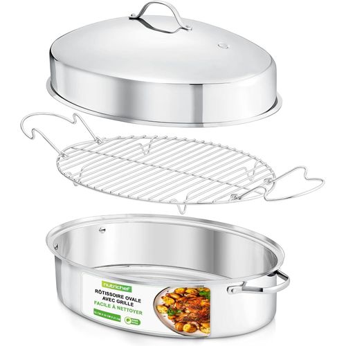 Kyaoayo-Plat Four De Rôtis Ovale51 Cm Avec Grille Et Couvercle - Plat Inox En Acier Inoxydable De Haute Qualité Avec Poignées Larges Et Grille Amovible-Cocotte, Silver