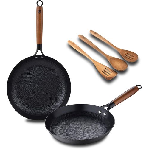 Kyaoayo-Odin - Kit De Cuisine Poêle 24cm Et 28cm - 3 Ustensiles - Fonte De Haute Qualité - Revêtement Céramique Anti-Adhérent - Poignées En Acacia - Convient À Toutes Les Cuisinières