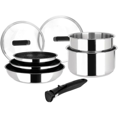 Kyaoayo-714248 Batterie De Cuisine Inox 8 Pièces 3 Poêles Ø20,24,28 Cm + 2 Casseroles Ø16,18 Cm + 2 Couvercles Verre Ø16,18 Cm + Manche Amovible, Tous Feux Dont Induction