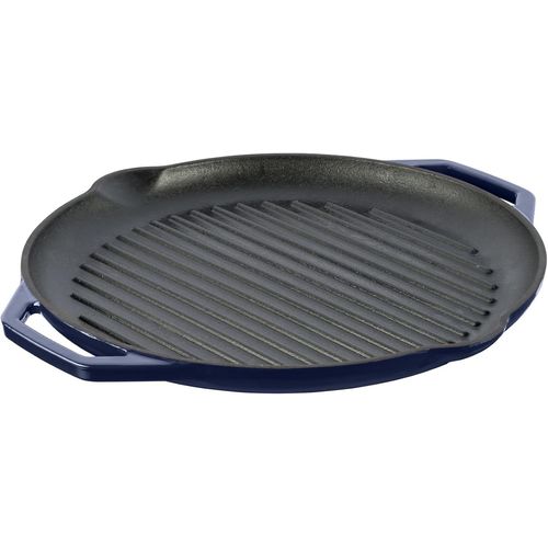 KYAOAYO-Poêle À Griller En Fonte Avec Poignées Profilées - Poêle À Steak Ronde Convient À Tous Les Types De Cuisinières, Cuisinières À Gaz, Fours, Gril À Gaz - Ø34Cm, Bleu